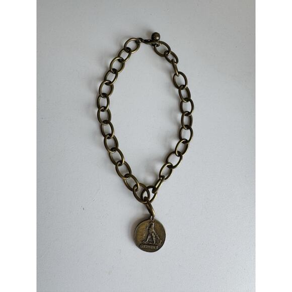 French Kande Brassy Metal Chain Good Luck French JEUMONT Gods Coin Pendant 16" - Picture 9 of 10